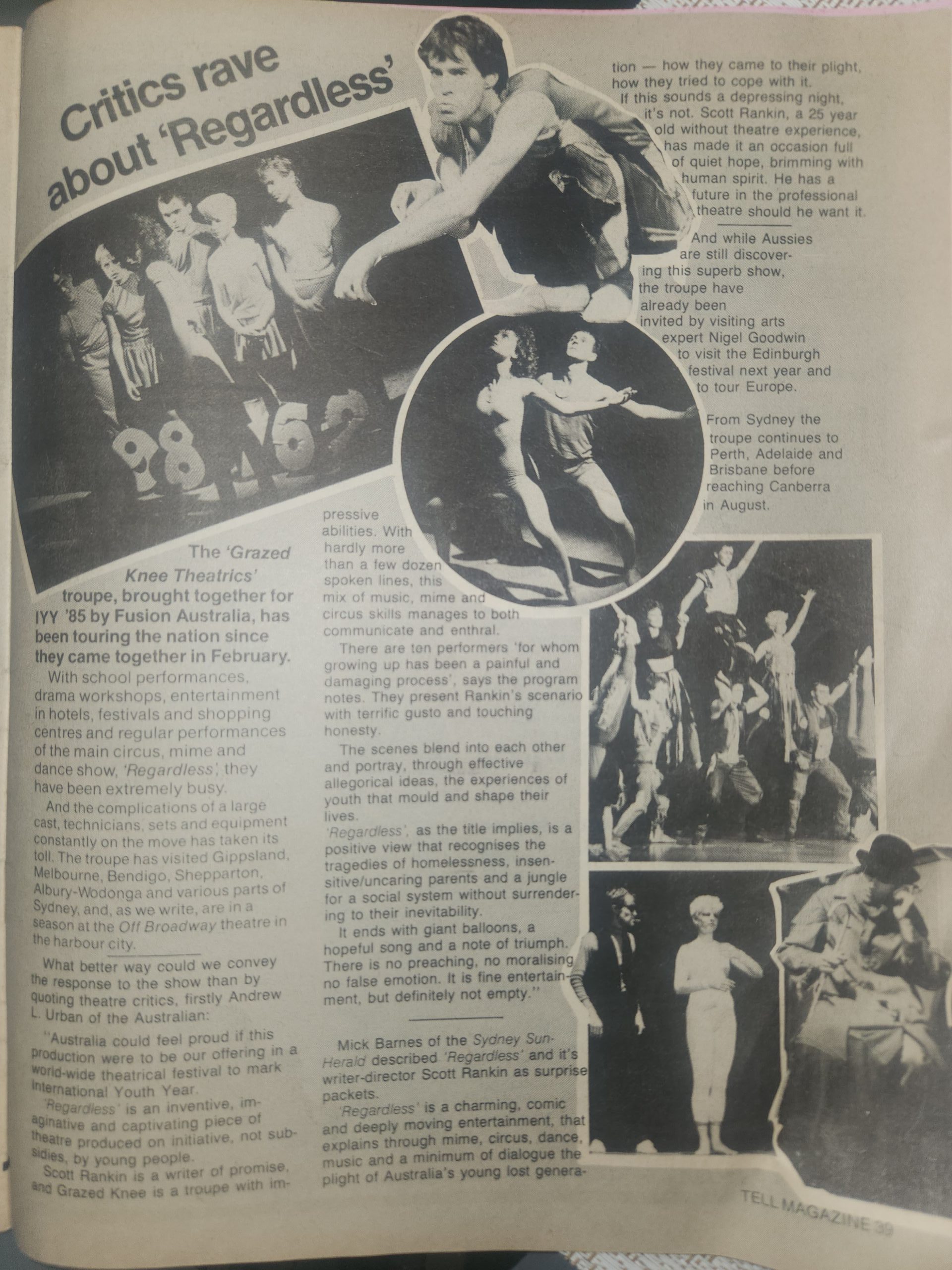 Magazine feature titled Critics rave about Regardless with photographs from the theatre production