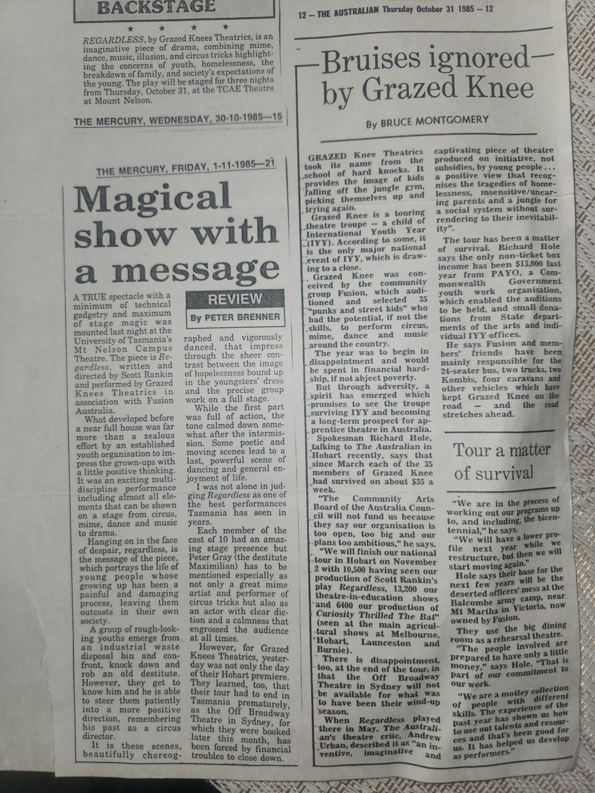 Newspaper reviews of the 1985 production Regardless, including Magical show with a message