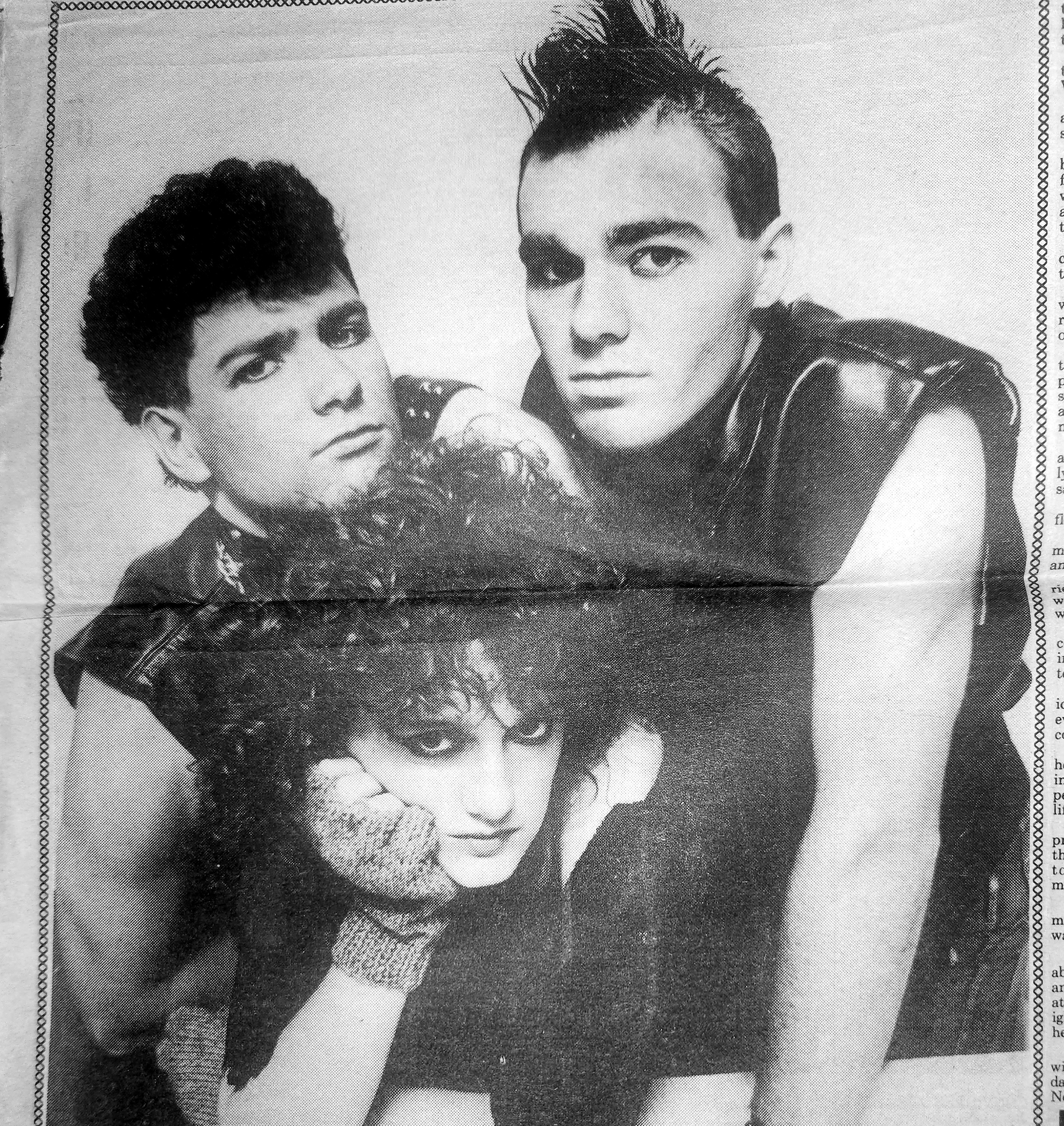 Restored 1985 newspaper photograph of Nicola Schultz, Steve Turner and Mark Hammat rehearsing Regardless